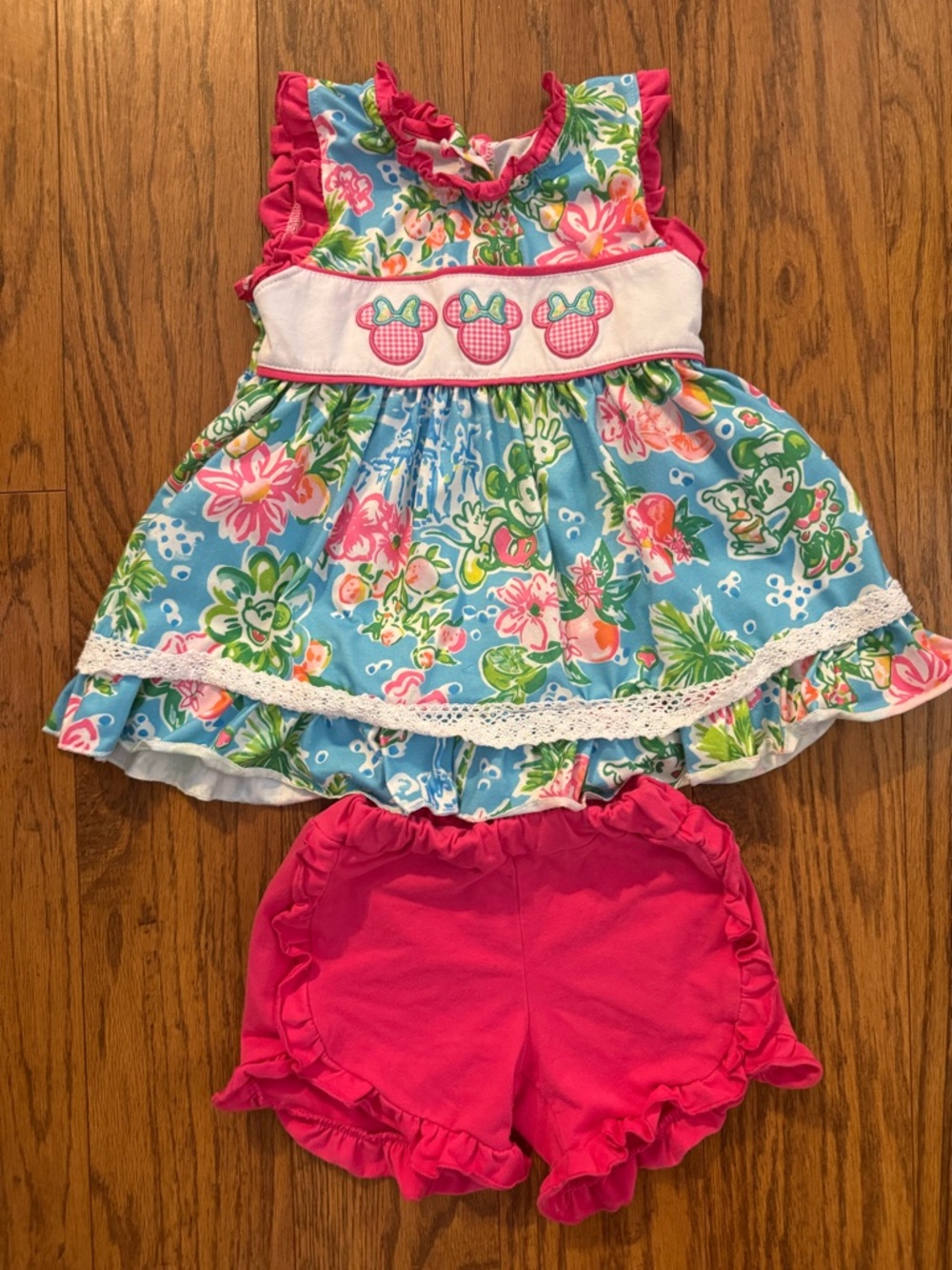 Boutique Minnie Inspired Floral Ruffle Set with Hot Pink Shorts